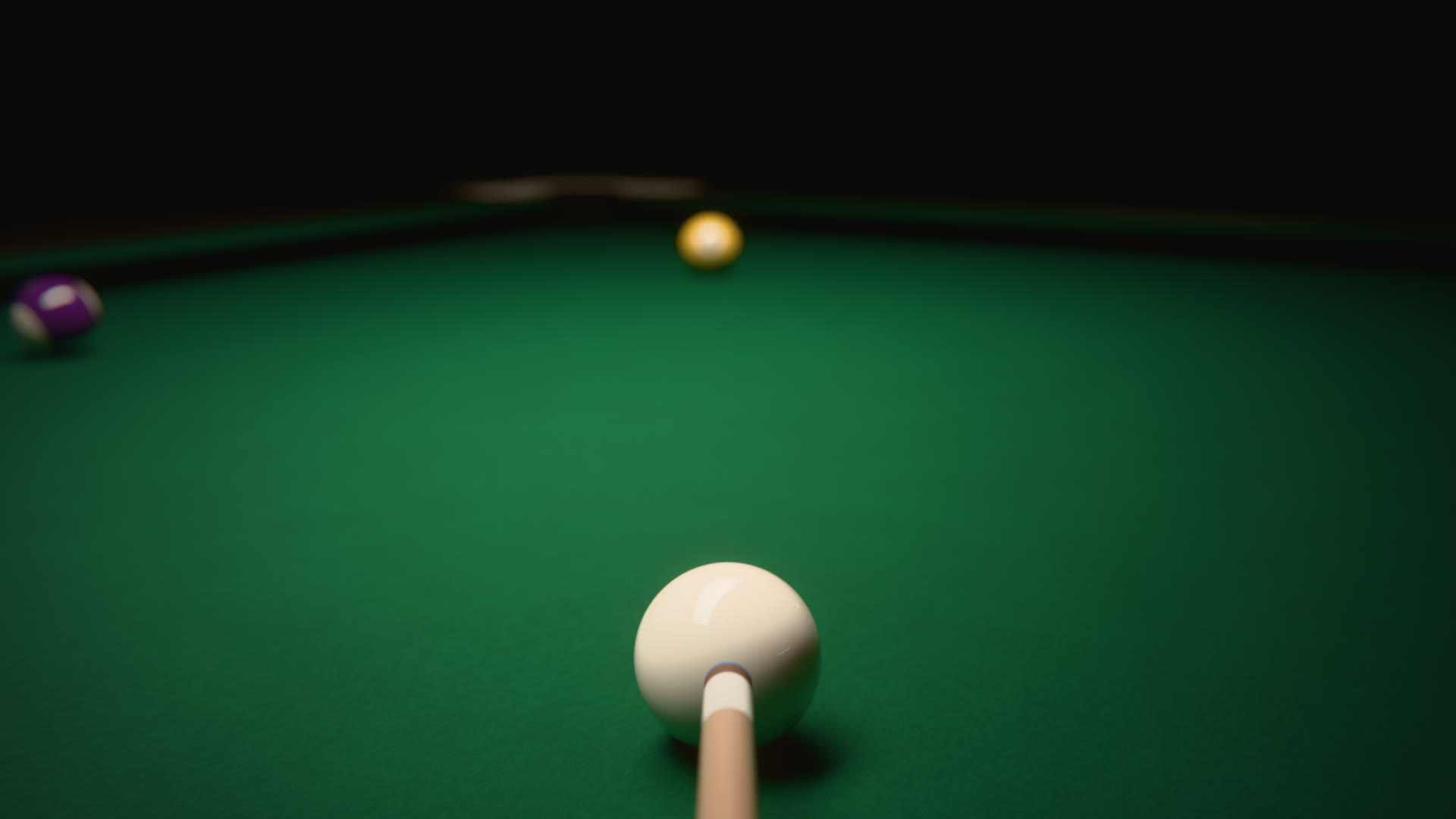 Render of the view down the cue at cloth level: the tip set behind the cue ball, lined up on the yellow 1 by the far rail.