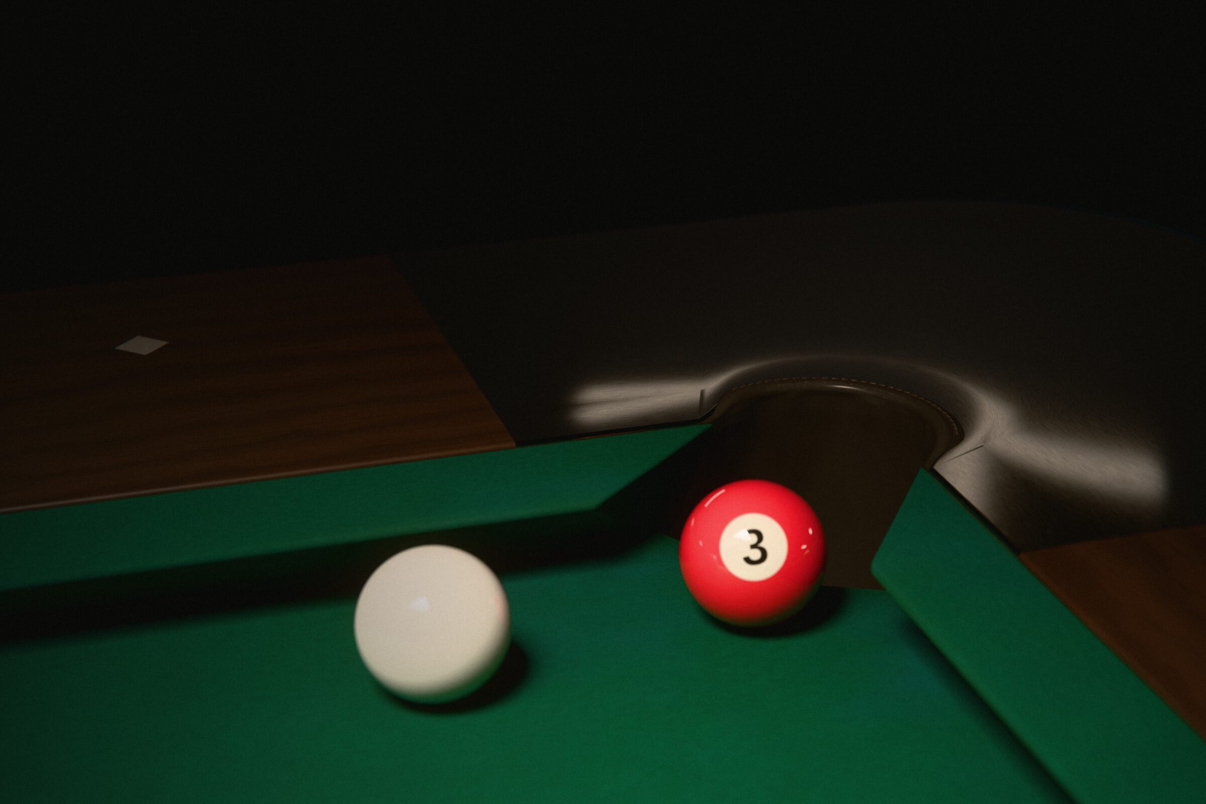 Render of a corner pocket under a warm overhead lamp: the red 3 ball hangs on the lip of the leather-lined pocket, with the cue ball on the cloth beside it.